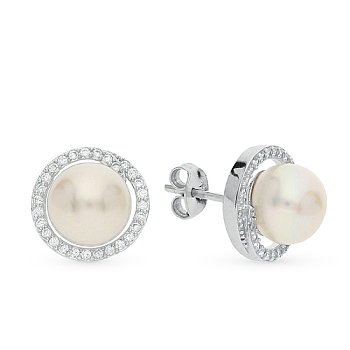 Rhodium Plated 925 Sterling Silver Studs Earrings, with Cubic Zirconia and Pearl Round Bead, Platinum, 13mm