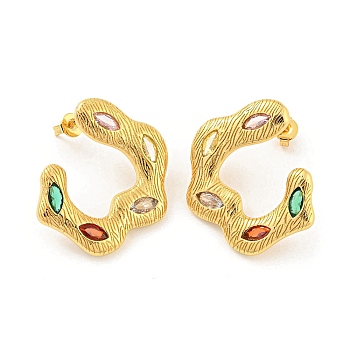 Rack Plating Brass Stud Earrings. with Colorful Cubic Zirconia, Long-Lasting Plated, Cadmium Free & Lead Free, Real 18K Gold Plated, 27.5x3mm