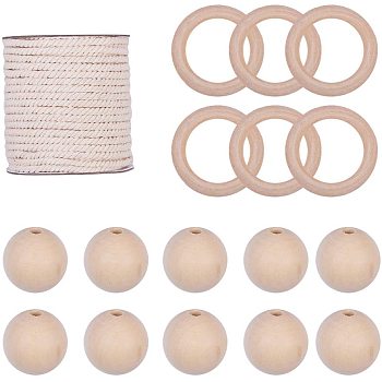 DIY Jewelry, Wood Linking Rings, Round Wood Beads and Round Cotton Twist Threads Cords, 49~50x8mm, Hole: 33~34mm