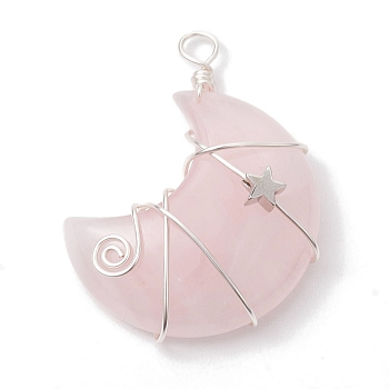 Natural Rose Quartz Copper Wire Wrapped Pendants, Moon with Star Charms, Platinum, 44.5x35x11.5mm, Hole: 4mm