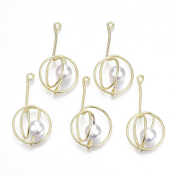 Rack Plating Alloy Wire Wrapped Pendants, with ABS Plastic Imitation Pearl, Cadmium Free & Lead Free, Light Gold, 44~47x23~25x15~18mm, Hole: 1.8mm