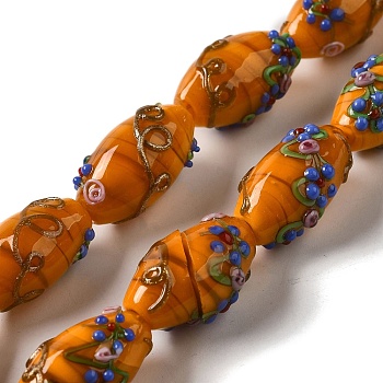 Handmade Lampwork Beads, Rice wit Flower, Orange, 23x12~13mm, Hole: 1.6mm