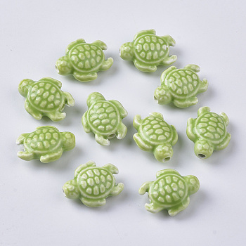 Handmade Porcelain Beads, Bright Glazed Porcelain Style, Tortoise, Yellow Green, 19x15x8.5mm, Hole: 2mm