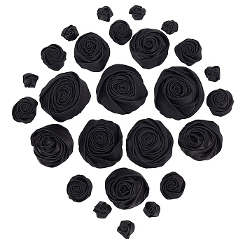 WADORN 26Pcs 4 Style Satin Cloth Ornament Accessories, 3D Rose Flower Appliques, Black, 14.5~63x19~63x17~34mm
