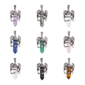 9Pcs 9 Styles Gemstone Pointed Pendants, Faceted Bullet Charms, with Rack Plating Platinum Tone Alloy Dragon Findings, Cadmium Free & Lead Free, 39~41x24~25x13~14mm, Hole: 4x8mm, 1pc/style
