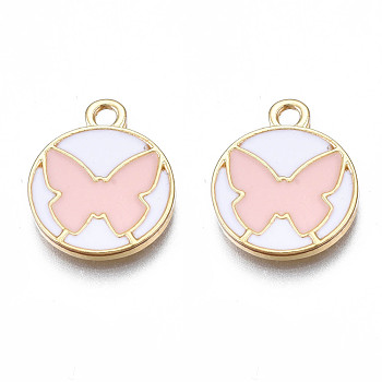 Alloy Enamel Pendants, Cadmium Free & Lead Free, Light Gold, Flat Round with Butterfly, Pink, 16x13.5x1.5mm, Hole: 1.8mm