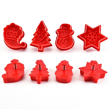 Christmas Themed Plastic Plastic Cookie Cutters, with Iron Press Handle, Tree & Snowflake & Snowman & Santa Claus, Red, 58~70x40mm, 4pcs/set