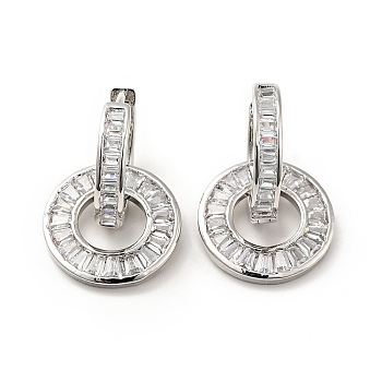 Clear Cubic Zirconia Interlocking Double Ring Dangle Hoop Earrings, Rack Plating Brass Jewelry for Women, Platinum, 24mm, Pin: 0.8mm