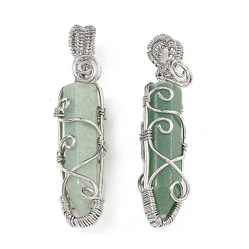 Natural Green Aventurine Pendants, with Platinum Tone Rack Plating Brass Wire Wrap, Lead Free & Cadmium Free, Cone, 61x15.5x14mm, Hole: 4mm