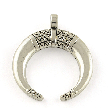 Tibetan Style Alloy Pendants, Double Horn/Crescent Moon, Cadmium Free & Lead Free, Antique Silver, 33.5x27.5x6mm, Hole: 3mm