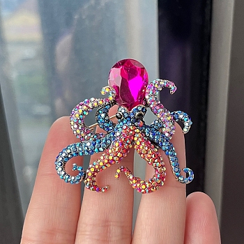 Octopus Alloy Rhinestone Brooches, for Backpack Clothes, Colorful, 45x43mm