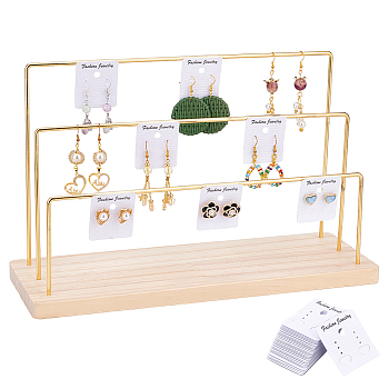 3-Tier Iron Earring Display Organizer Holder, with Bisque Wood Base and 28Pcs Display Cards, Golden, Finish Product: 10.8x34x20cm, about 32pcs/set