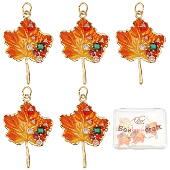 Autumn Theme Rack Plating Brass Micro Pave Cubic Zirconia Pendants, Cadmium Free & Lead Free & Nickle Free, with Enamel and Jump Ring, Real 18K Gold Plated, Maple Leaf, Dark Orange, 30x20x3.5mm, Jump Ring: 5x0.6mm, Inner Diameter: 3.5mm, 5pcs/box