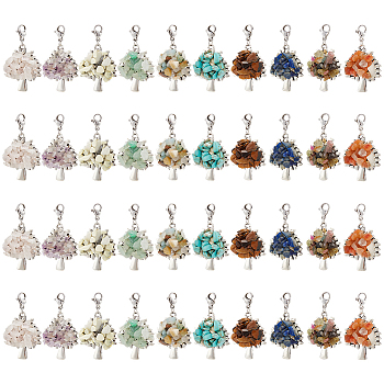 4 Sets 10 Styles Mixed Stone Chip Beads Pendant Decorations Sets, Alloy Tree Pendant Decorations with 304 Stainless Steel Lobster Claw Clasps, Antique Silver & Stainless Steel Color, 39mm, Pendant: 28x24x4.5mm, 10pcs/set