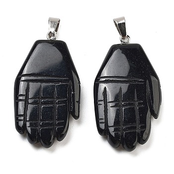 Natural Obsidian Carved Pendants, Hand Charms with Platinum Platinum Tone Metal Snap on Bails, 44x23x5mm, Hole: 7x4mm