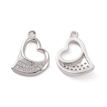 Brass Micro Pave Cubic Zirconia Charms, with Jump Rings, Hollow Asymmetrical Heart Charm, Platinum, 15x11x2.5mm, Hole: 3.2mm