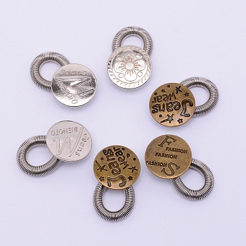 Alloy Button Pins for Jeans, with Spring, Garment Accessories, Flat Round with Word Jeans Wear, Antique Bronze & Platinum, 31x20x8.5mm, Hole: 9x11mm, 6pcs/bag