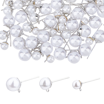 84Pcs 3 Size 304 Stainless Steel Stud Earring Findings, with Acrylic Imitation Pearl Beads & Horizontal Loops, 90Pcs Plastic Ear Nuts, Stainless Steel Color, 17~19.5x6.5~9mm, Hole: 0.8~1mm, 28Pcs/size