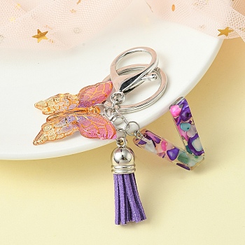 Resin Letter & Acrylic Butterfly Charms Keychain, Tassel Pendant Keychain with Alloy Keychain Clasp, Letter V, 9cm