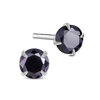 SHEGRACE Rhodium Plated 925 Sterling Silver Four Pronged Ear Studs, with AAA Cubic Zirconia and Ear Nuts, Black, 7mm