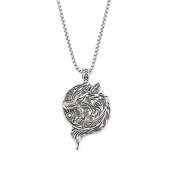 Zinc Alloy Pendant Necklaces, 201 Stainless Steel Chains Necklaces, Wolf, 23.43 inch(59.5cm), Flat Round: 50x30.5mm.