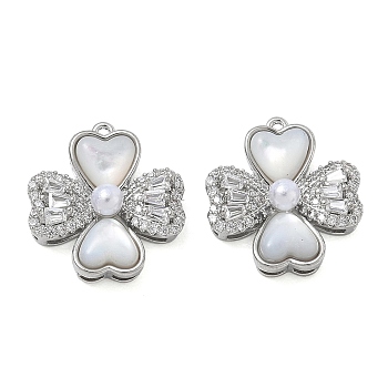 Brass Micro Pave Clear Cubic Zirconia Pendants, with Shell & ABS Plastic Imitation Pearl, Clover Charms, Real Platinum Plated, 15.5x14x5mm, Hole: 0.9mm