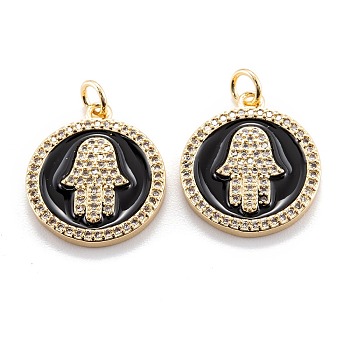 Real 18K Gold Plated Brass Micro Pave Clear Cubic Zirconia Pendants, with Enamel and Jump Ring, Long-Lasting Plated, Flat Round with Hamsa Hand, Black, 19.5x17x2.5mm, Jump Ring: 5x0.8mm, 3.4mm inner diameter