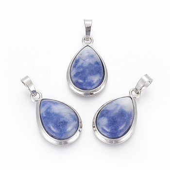 Natural Sodalite Pendants, with Brass Findings, teardrop, Platinum, 26x16~17x8~10mm, Hole: 8x5mm