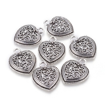 Tibetan Style Filigree Heart Alloy Pendants, Cadmium Free & Nickel Free & Lead Free, Antique Silver, 30x24.5x4.5mm, Hole: 4mm
