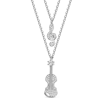 SHEGRACE Rhodium Plated 925 Sterling Silver Tiered Necklaces, with Grade AAA Cubic Zirconia, Violin and Musical Note, Platinum, 15 inch~17.32 inch(38~44cm)