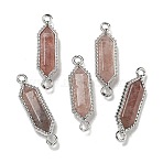 Natural Strawberry Quartz Faceted Double Terminal Pointed Hexagon Connector Charms, with Rack Plating Brass Findings, Platinum, 23~24x6.5x4~5mm, Hole: 1.6mm(G-G181-04P-03)
