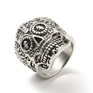 316 Stainless Steel Skull with Cross Finger Ring, Gothic Jewelry for Men Women, Halloween Theme, Antique Silver, US Size 8 1/4(18.3mm)(RJEW-C030-02B-AS)