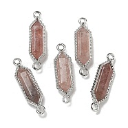 Natural Strawberry Quartz Faceted Double Terminal Pointed Hexagon Connector Charms, with Rack Plating Brass Findings, Platinum, 23~24x6.5x4~5mm, Hole: 1.6mm(G-G181-04P-03)