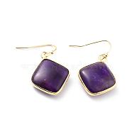 Natural Amethyst Dangle Earrings, Square, with Brass Findings, Lead Free & Cadmium Free, Golden, 35mm, Pin: 0.6mm(EJEW-J093-04)
