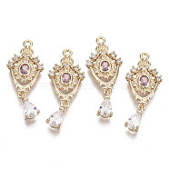 Brass Micro Pave Cubic Zirconia Links, with Glass, Long-Lasting Plated, Teardrop, Light Gold, Pink, 28x11.5x3mm, Hole: 1.2mm(KK-R111-041-A03)