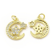 Brass Micro Pave Cubic Zirconia Pendants, with Jump Ring, Moon with Star Charm, Golden, 17.3x15.5x2.5mm, Hole: 2.5mm(KK-E068-VB415)