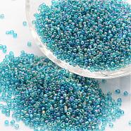 6/0 Round Glass Seed Beads, Grade A, Transparent Colours Rainbow, Sky Blue, 3.6~4.0mm, Hole: 1.2mm, about 500pcs/50g(X-SEED-J011-F6-179)