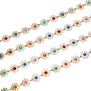 2M Brass Enamel Flower Link Chains, Long-Lasting Plated, Unwelded, Colorful, Golden, Flower: 13.5x10x2.5mm,, 2m/box(CHC-SZ0001-35)