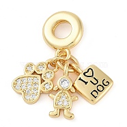 Rack Plating Brass Cubic Zirconia European Dangle Charms, Paw Print & Girl & Square Large Hole Pendants, Real 18K Gold Plated, Long-Lasting Plated, Cadmium Free & Lead Free, Clear, 28mm, Hole: 4.5mm(KK-P287-17G)