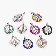 316 Surgical Stainless Steel Pendants, with Glass Beads, Oval with Virgin Mary, Stainless Steel Color, Mixed Color, 30x24x4mm, Hole: 8x4.5mm(STAS-H141-A-P)