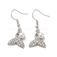 Whale Tail Shape Alloy Rhinestone Dangle Earrings, with Plastic Pearl, Platinum, 34x14mm(EJEW-C073-01P)