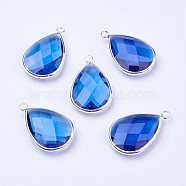 Silver Color Plated Brass Glass Teardrop Pendants, Faceted, Dodger Blue, 18x10x5mm, Hole: 2mm(X-GLAA-M006-A-21S)