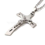 Cross with Jesus Pendant Necklaces, 304 Stainless Steel Curb Chain Necklaces, Stainless Steel Color, 23.62 inch(60cm)(NJEW-C043-02P)