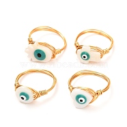 Evil Eye Natural Shell Finger Rings for Girl Women, Golden Brass Rings, Mixed Shape, White, US Size 6 3/4(17.1mm)(RJEW-JR00394)