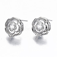 Brass Micro Pave Clear Cubic Zirconia Stud Earring Findings, for Half Drilled Bead, Nickel Free, Flower, Real Platinum Plated, 16x12.5mm, Pin: 0.8mm, Pin 1mm(for Half Drilled Bead)(KK-T062-58P-NF)