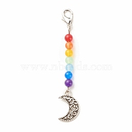 Chakra Theme Natural & Dyed Malaysia Jade Beaded Pendant Decorations, with Lobster Claw Clasps, Tibetan Style Alloy Pendants, Moon, Colorful, 64mm(HJEW-JM00641-04)