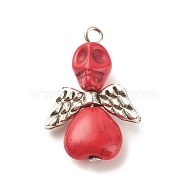 Halloween Dyed Synthetic Turquoise Pendants, with CCB Plastic Wings and Platinum Tone Iron Loops, Skull Angel, Red, 29x20x9mm, Hole: 2.5mm(PALLOY-JF01598-02)