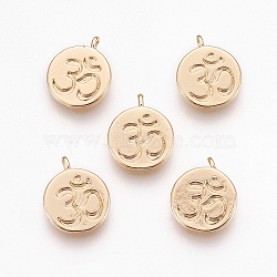 Brass Charms, Flat Round with Om Symbol, Nickel Free, Real 18K Gold Plated, 12x9x1mm, Hole: 1mm(X-KK-T020-108G)