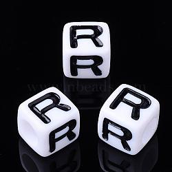 Acrylic Horizontal Hole Letter Beads, Cube, Letter R, White, Size: about 7mm wide, 7mm long, 7mm high, hole: 3.5mm, about 2000pcs/500g(PL37C9129-R)