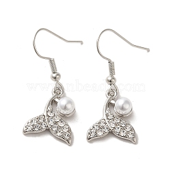 Whale Tail Shape Alloy Rhinestone Dangle Earrings, with Plastic Pearl, Platinum, 34x14mm(EJEW-C073-01P)